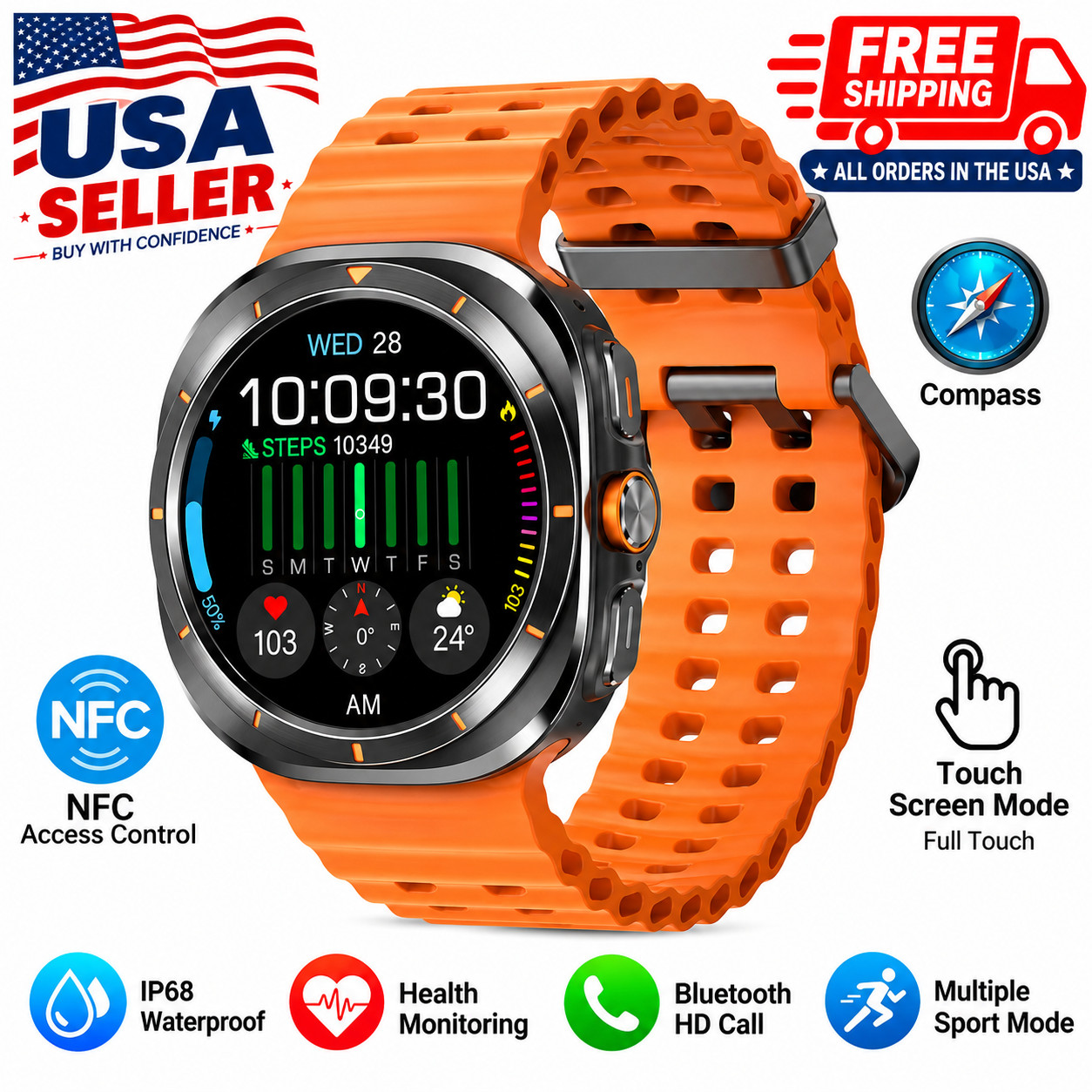 Smart Watch for Men Bluetooth Call Fitness Tracker IP68 Waterproof NFC Orange