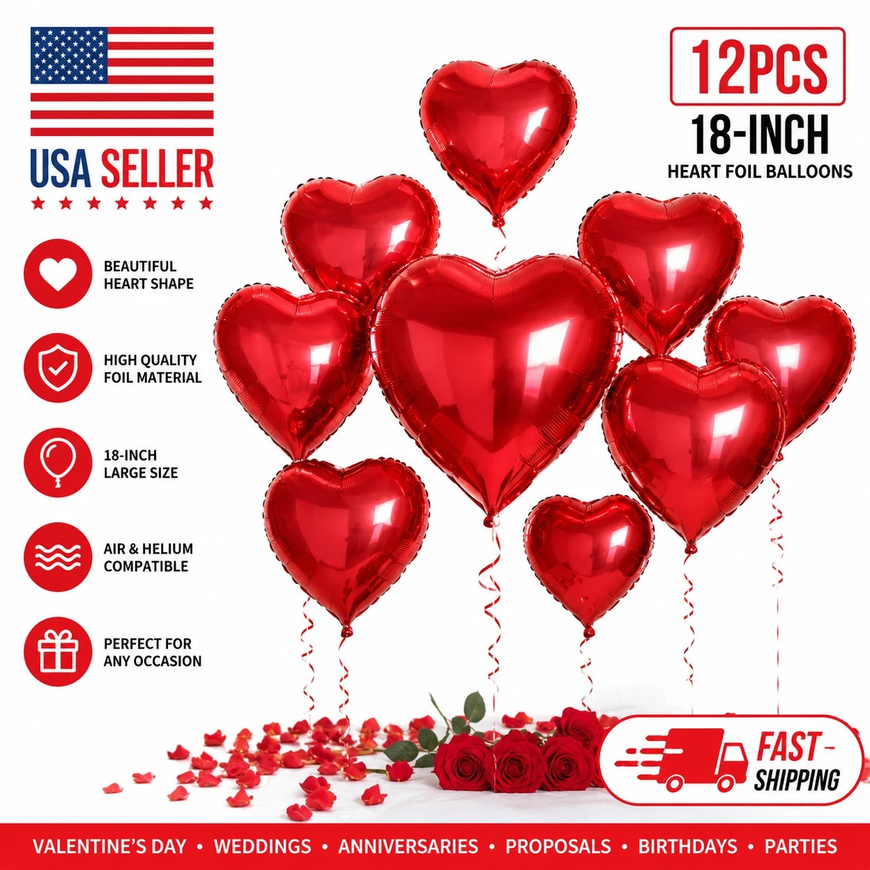 12PCS Red Heart Foil Balloon 18 Inch Romantic Party Decoration Wedding Supplies