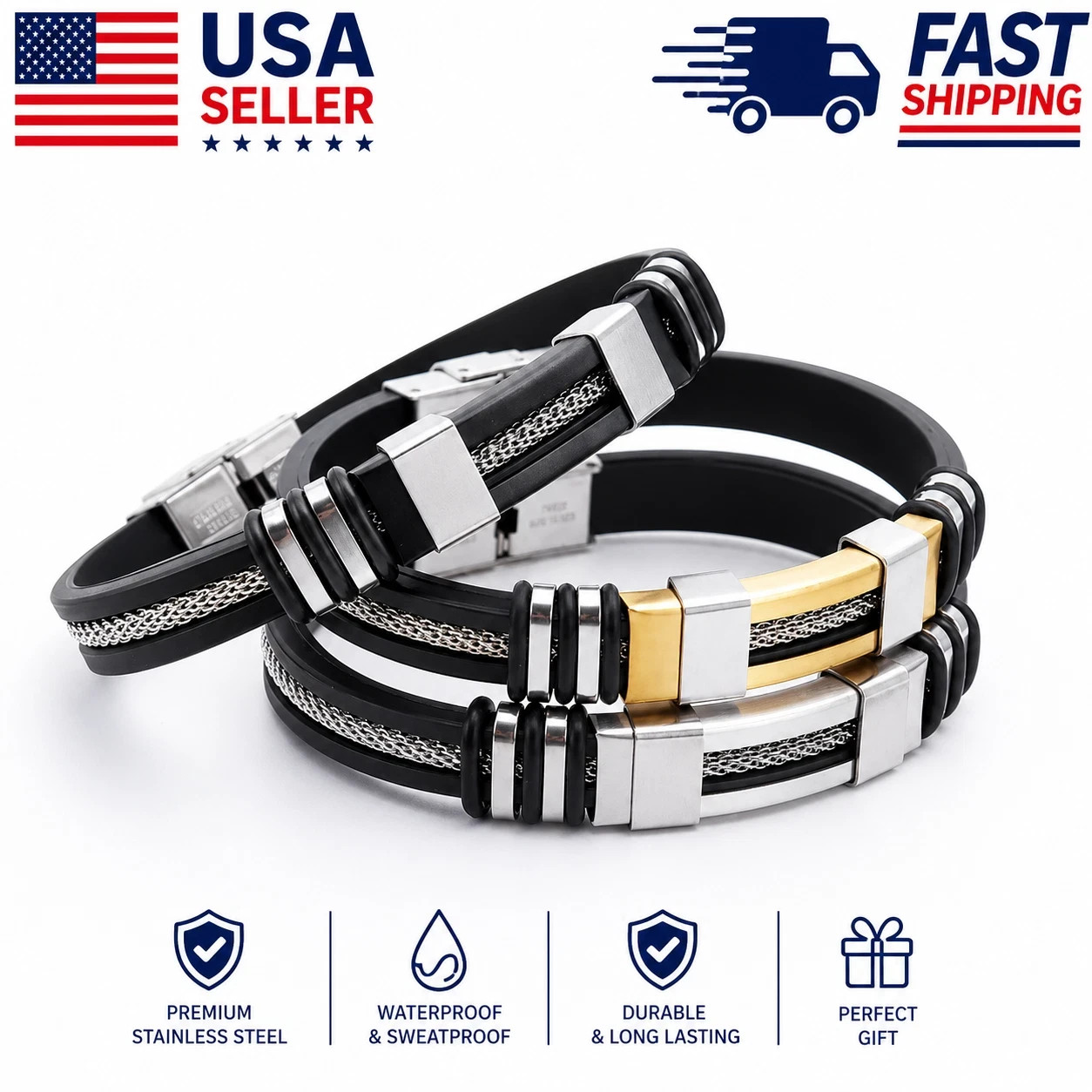 18K Gold Plated Waterproof Men's Bracelet Stainless Steel Stretch Wristband