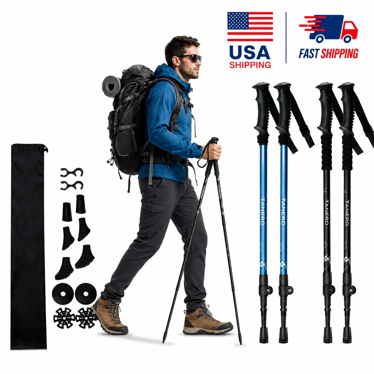 Folding Trekking Pole Adjustable Hiking Stick Lightweight Aluminum Walking