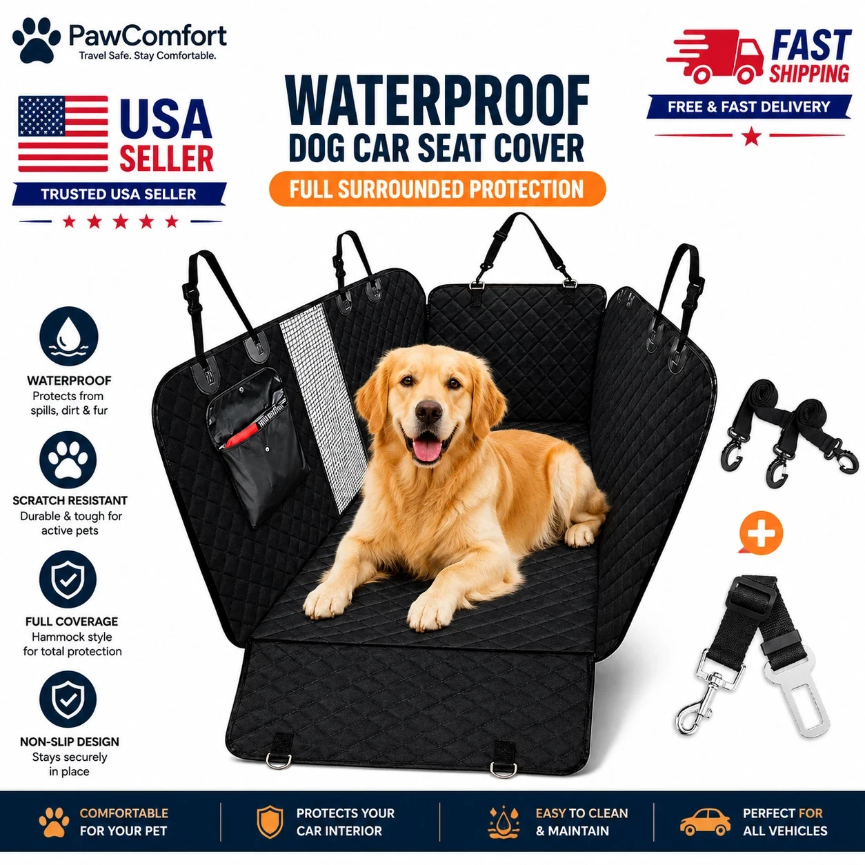 Waterproof Dog Car Seat Cover Rear Back Bench Protector Pet Travel Hammock Mat