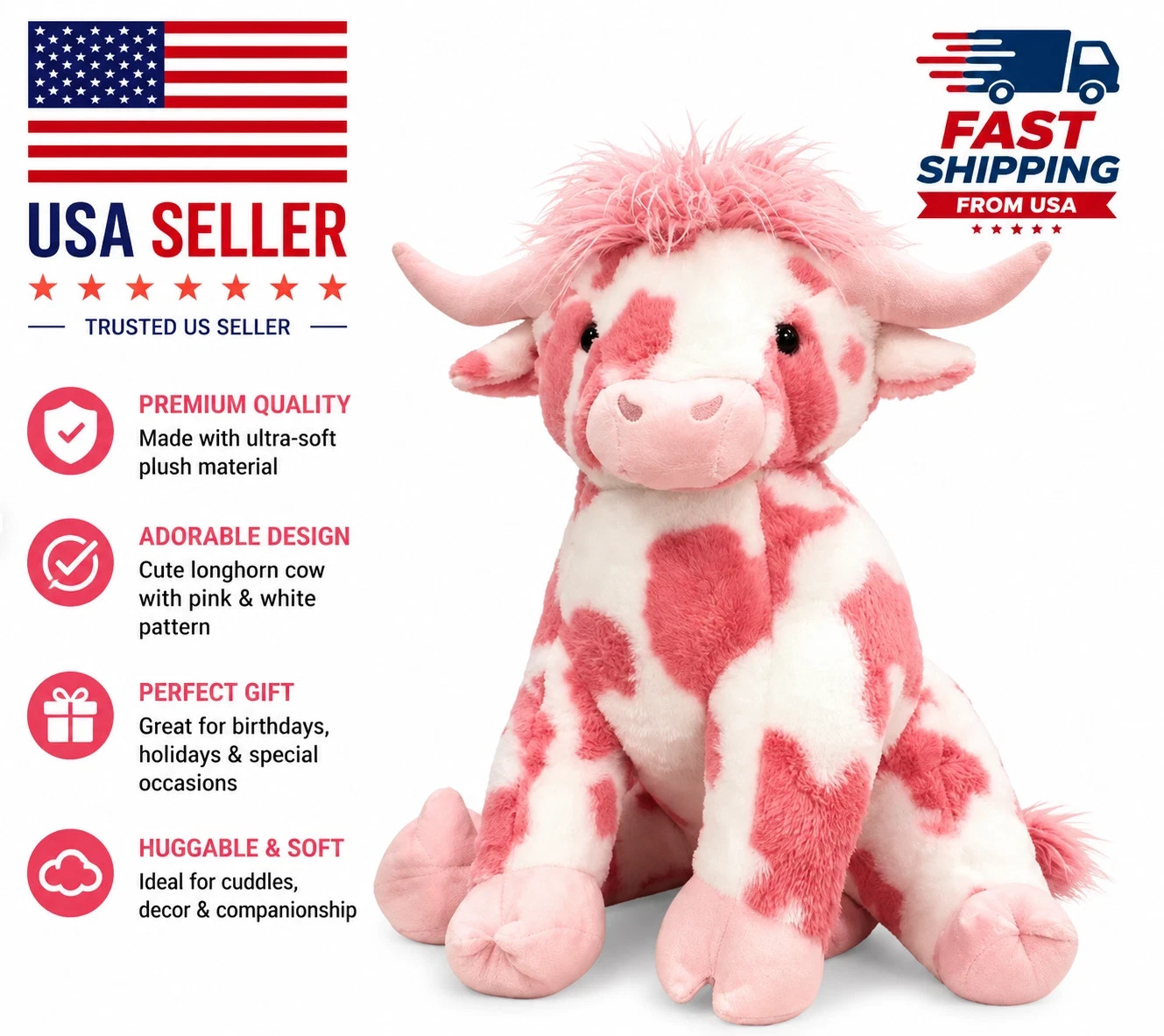 50CM Longhorn Cow Plush Toy Jumbo Stuffed Animal Kawaii Pillow Soft Kids