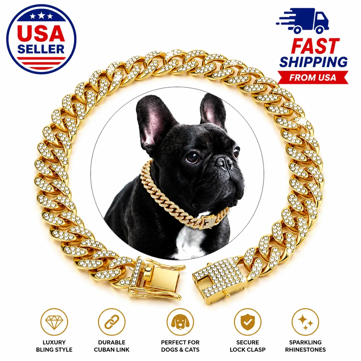 Luxury Bling Pet Chain Collar Gold Cuban Link Dog Cat Necklace Rhinestone