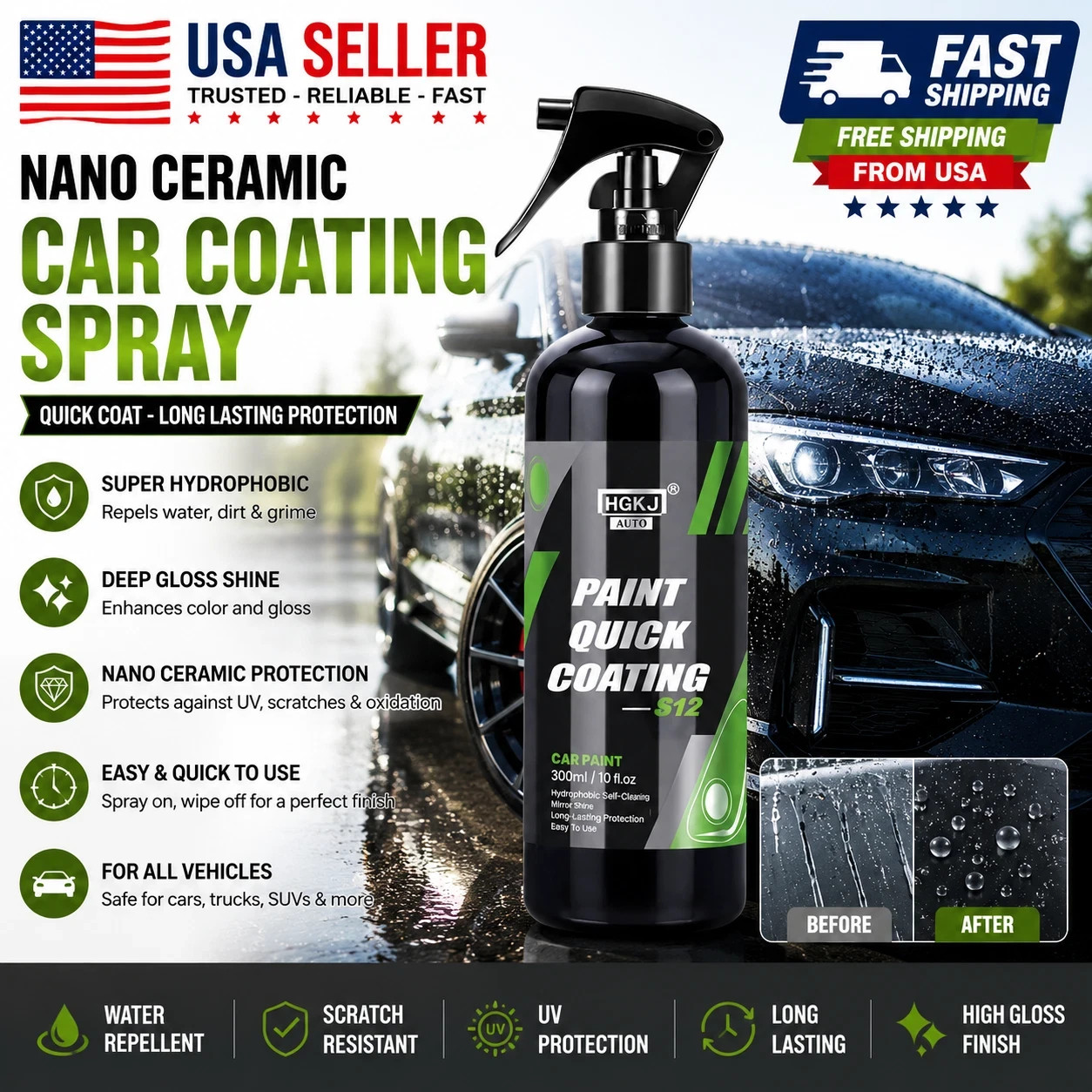 Nano Ceramic Car Coating Spray Hydrophobic Quick Coat Polish Shine Protection