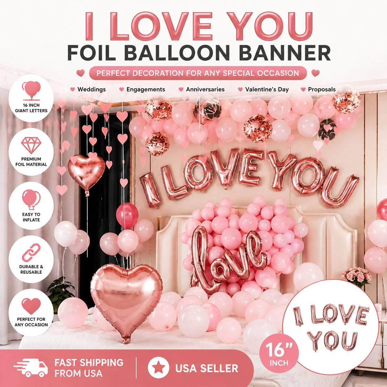 16" I Love You Foil Balloon Banner Wedding Engagement Party Decoration Set