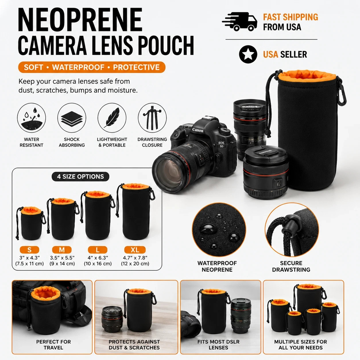 Waterproof Neoprene Camera Lens Pouch Case Soft Protective Bag for DSLR SLR