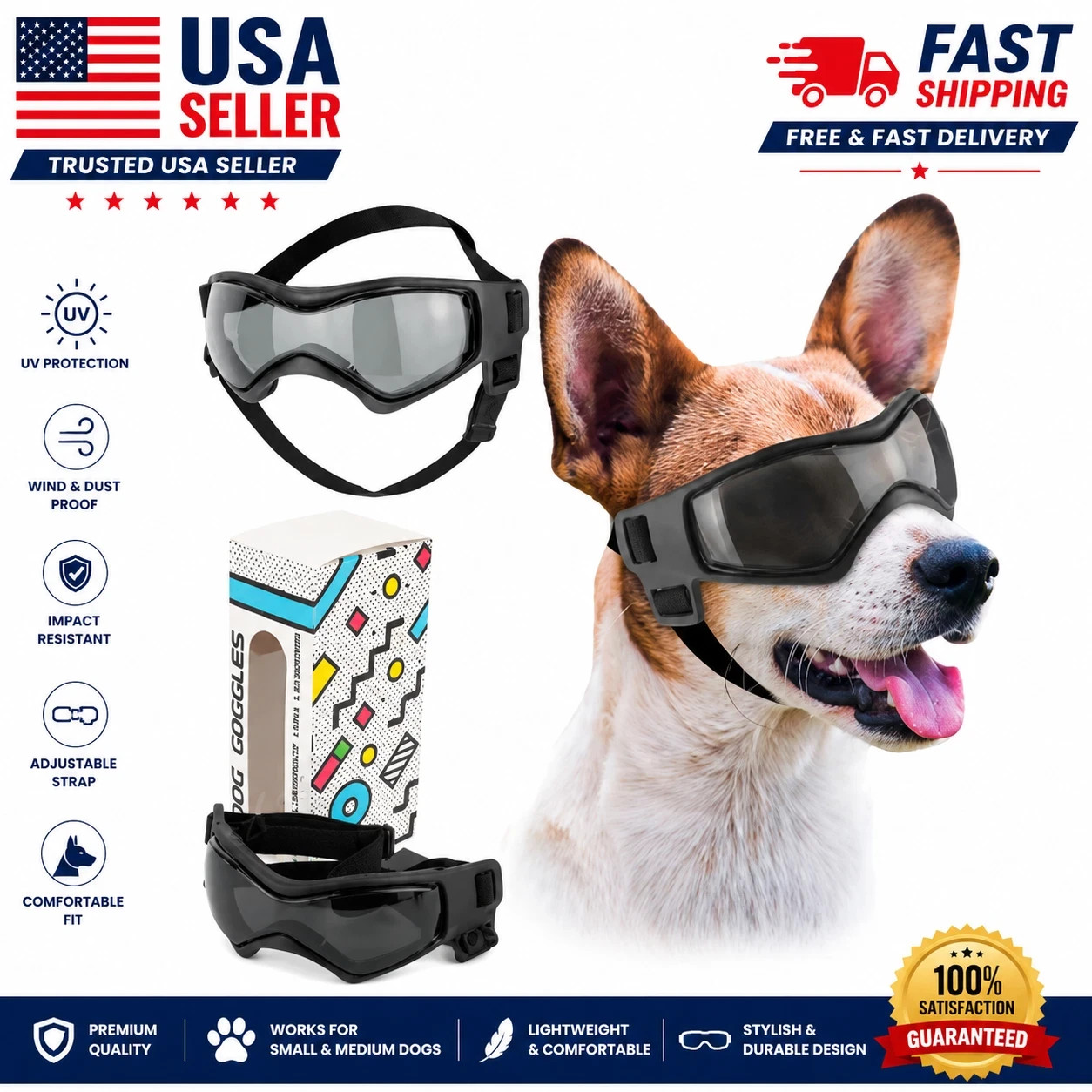 Pet Dog Goggles UV Protection Sunglasses Adjustable Eye Wear for Small / M Dog