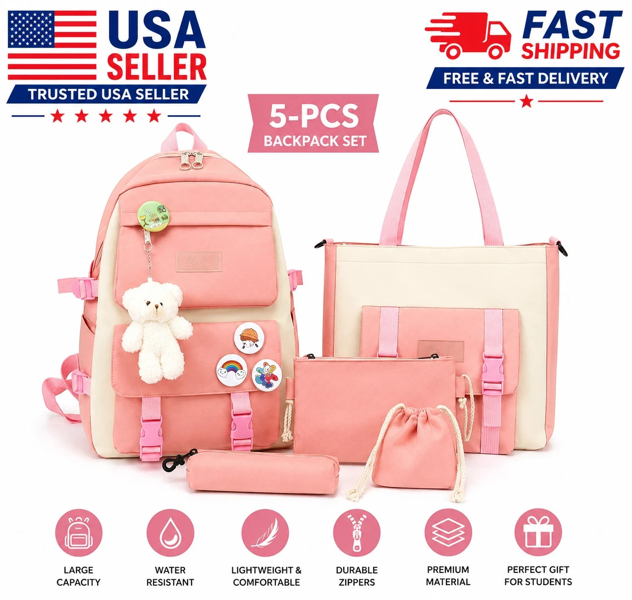 5PCS Kids School Backpack Set Large Capacity Bookbag Lunch Bag Pencil Case Travel