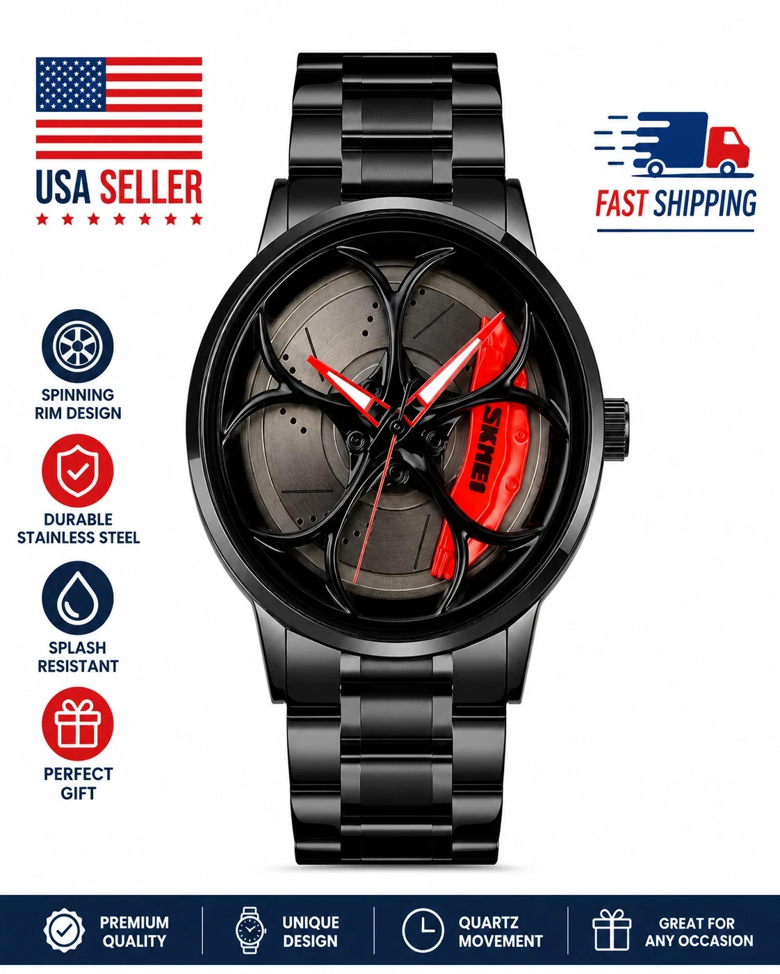 Luxury Car Rim Style Watch Rotating Wheel Stainless Steel Sports Wristwatch