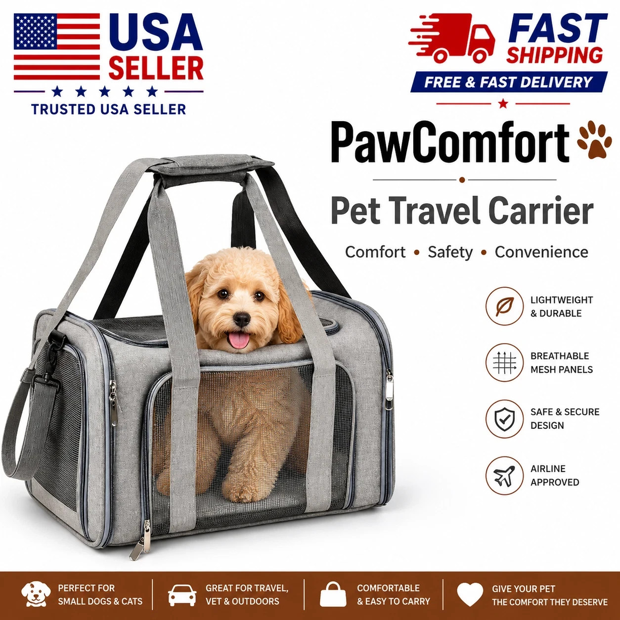 Foldable Pet Carrier Bag Soft Sided Travel Crate for Dogs Cats Portable Airline