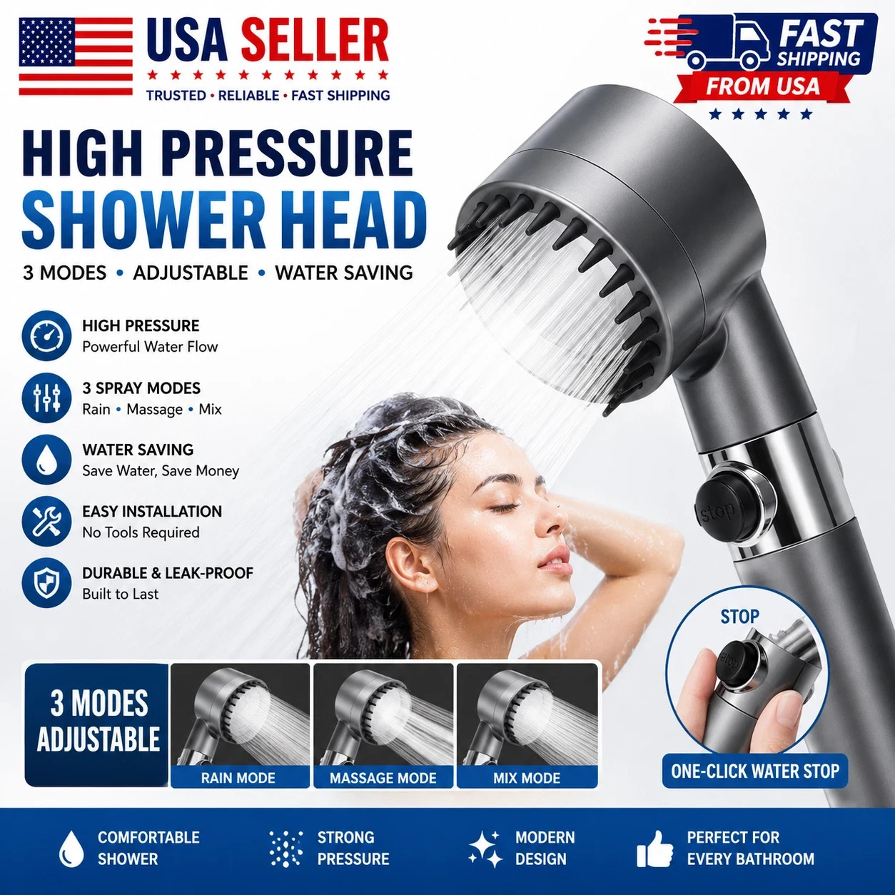 High Pressure Shower Head 3-Modes Adjustable Water Saving Bathroom Handheld