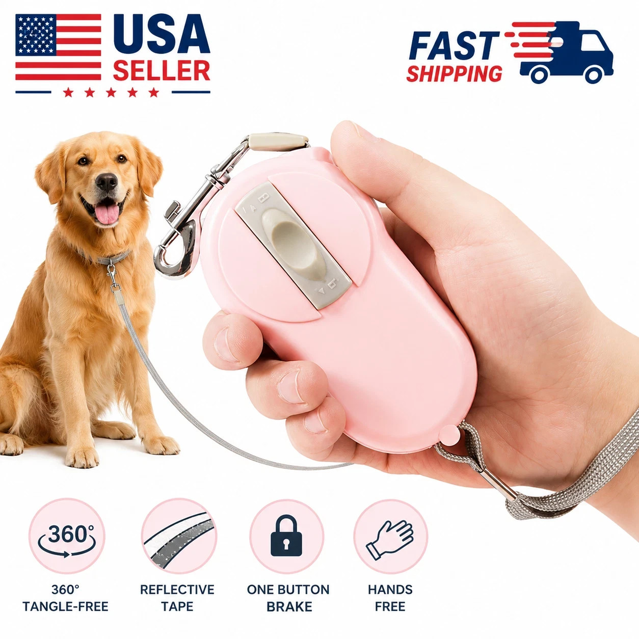 Hands Free Retractable Dog Leash 360° Tangle Free Reflective Nylon Lead Brake