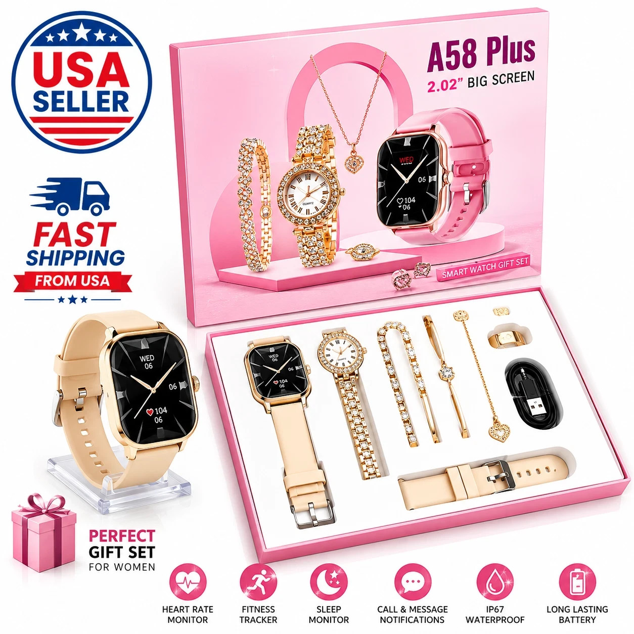A58 Plus Smart Watch Set for Women Fitness Tracker Bracelet Quartz Watch