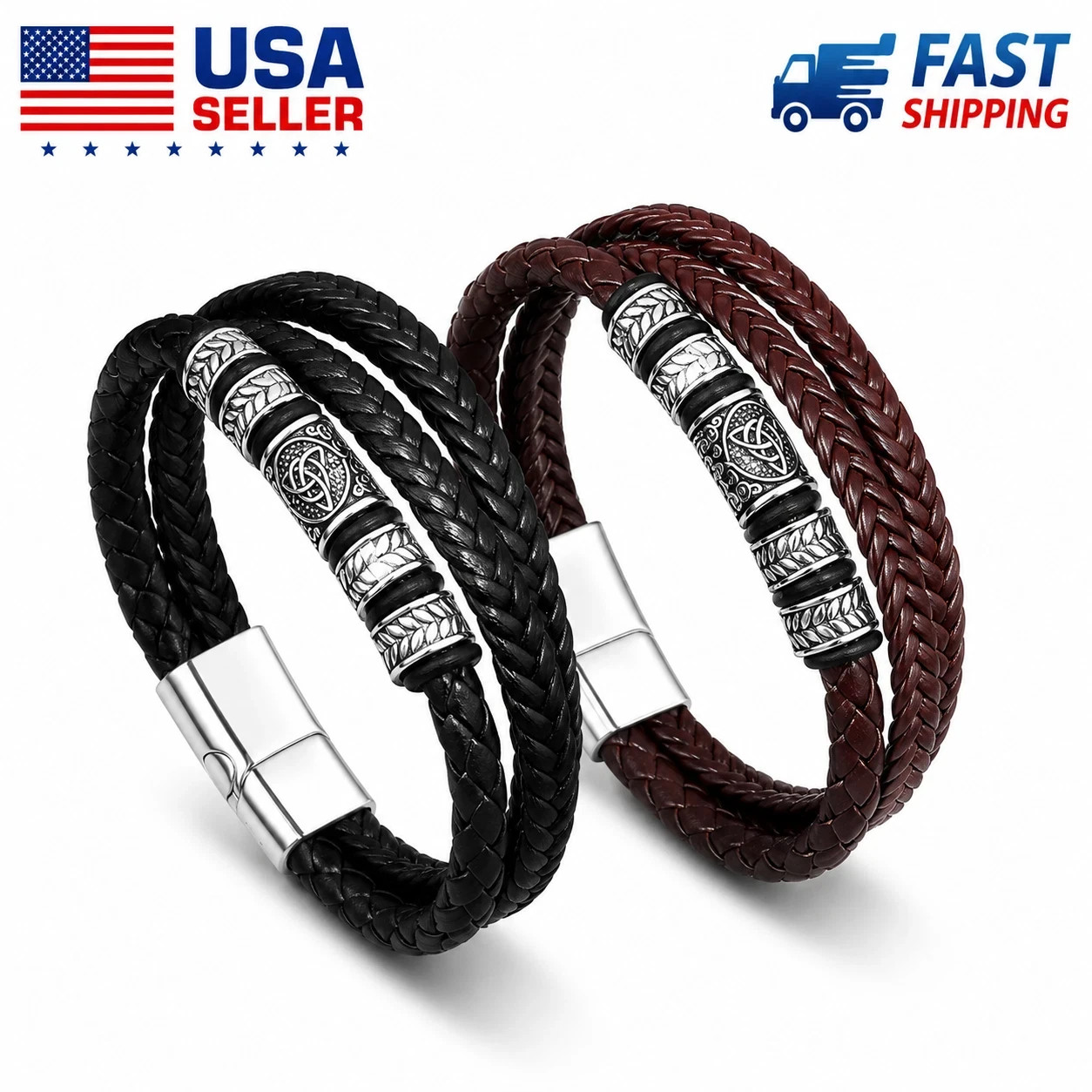 Men's Woven Leather Bracelet Magnetic Clasp Multi Layer Charm Wristband