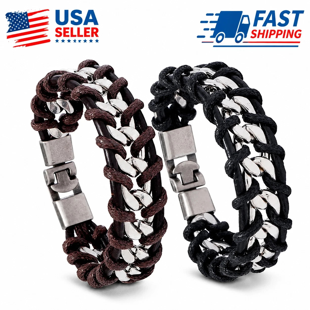 Men's Genuine Leather Cuff Bracelet Braided Chain Magnetic Clasp Wristband