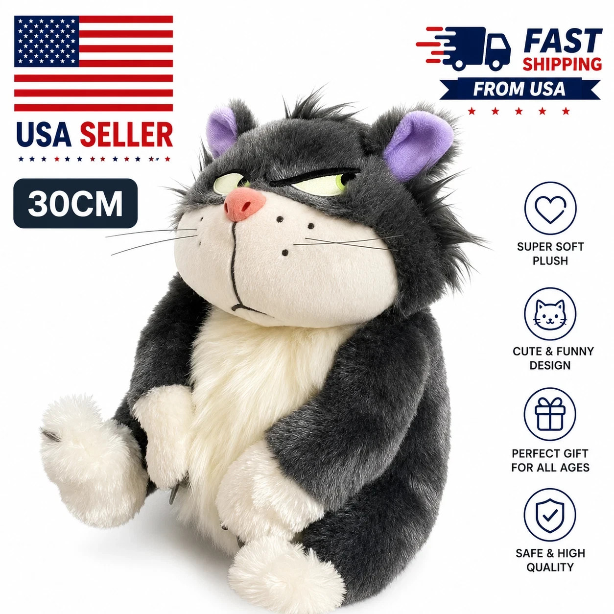 30CM Black Cat Plush Toy Soft Stuffed Animal Pillow Cute Kawaii Kids Doll
