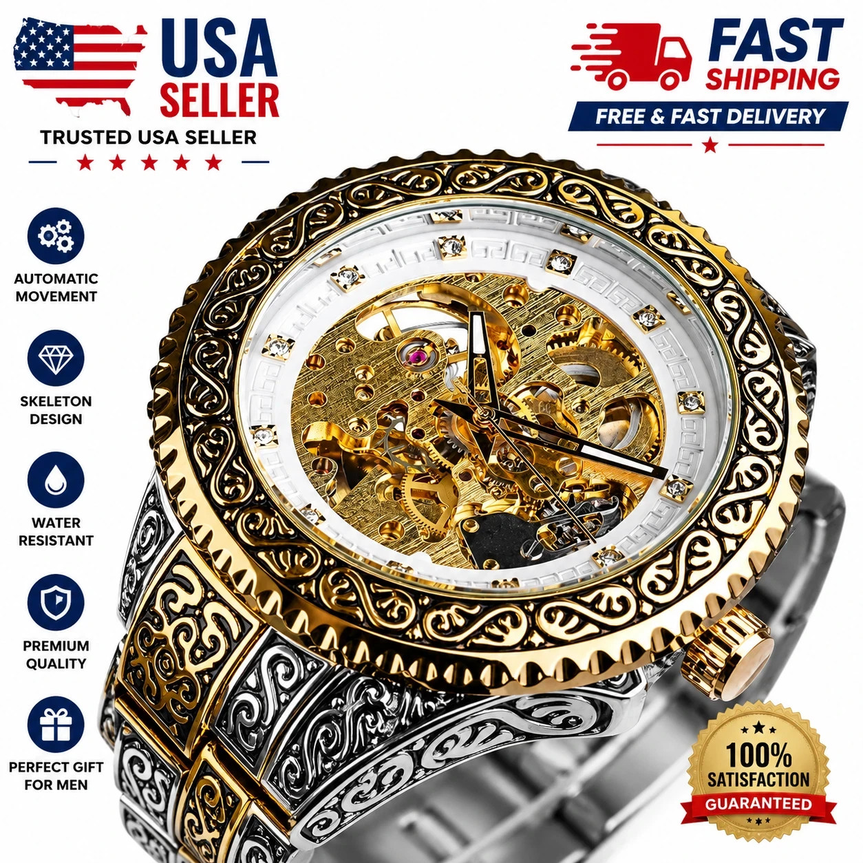 Luxury Skeleton Automatic Watch Men Stainless Steel Mechanical Wristwatch