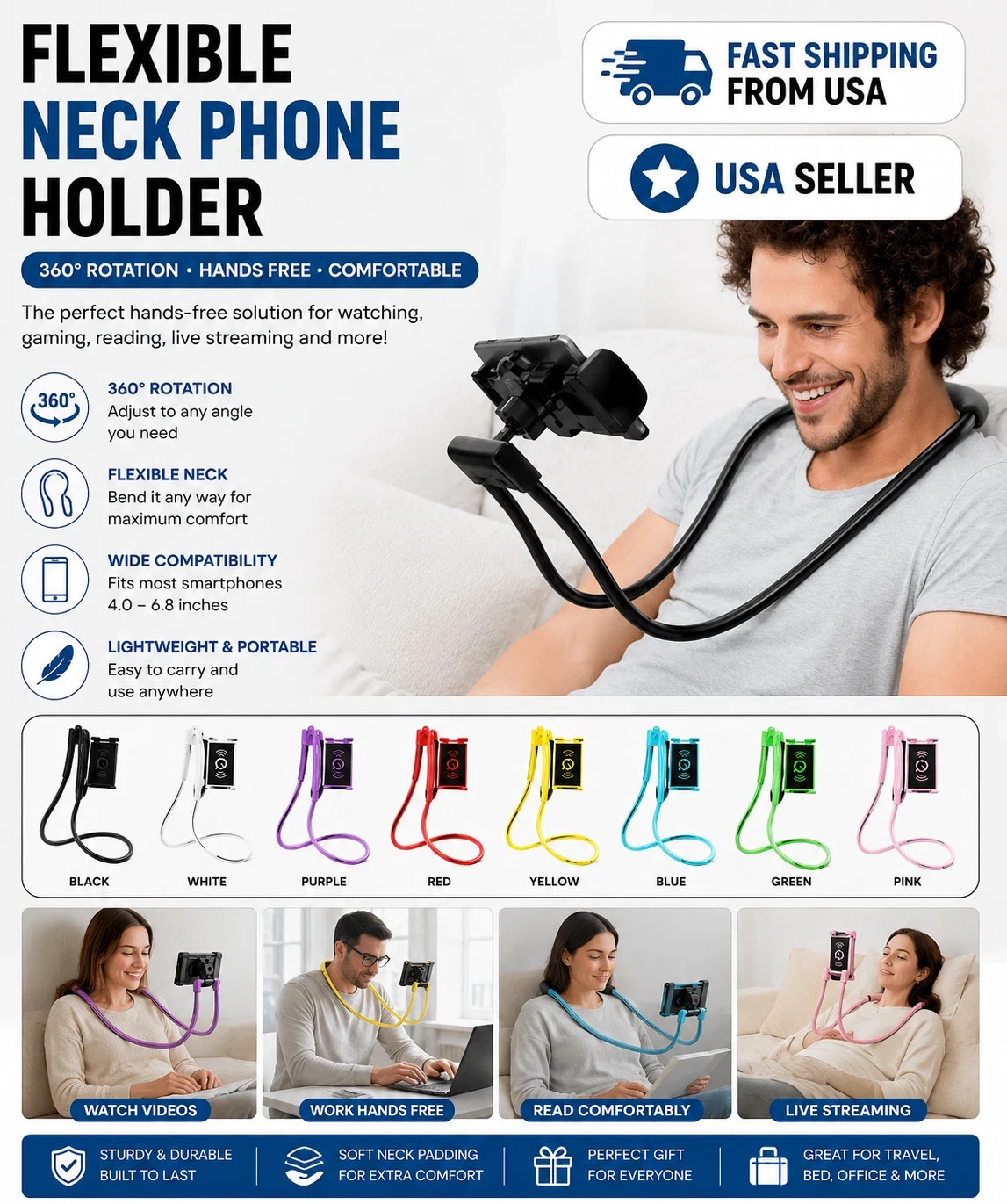 360° Flexible Neck Phone Holder Lazy Hanging Mount Stand for Bed Desk Travel