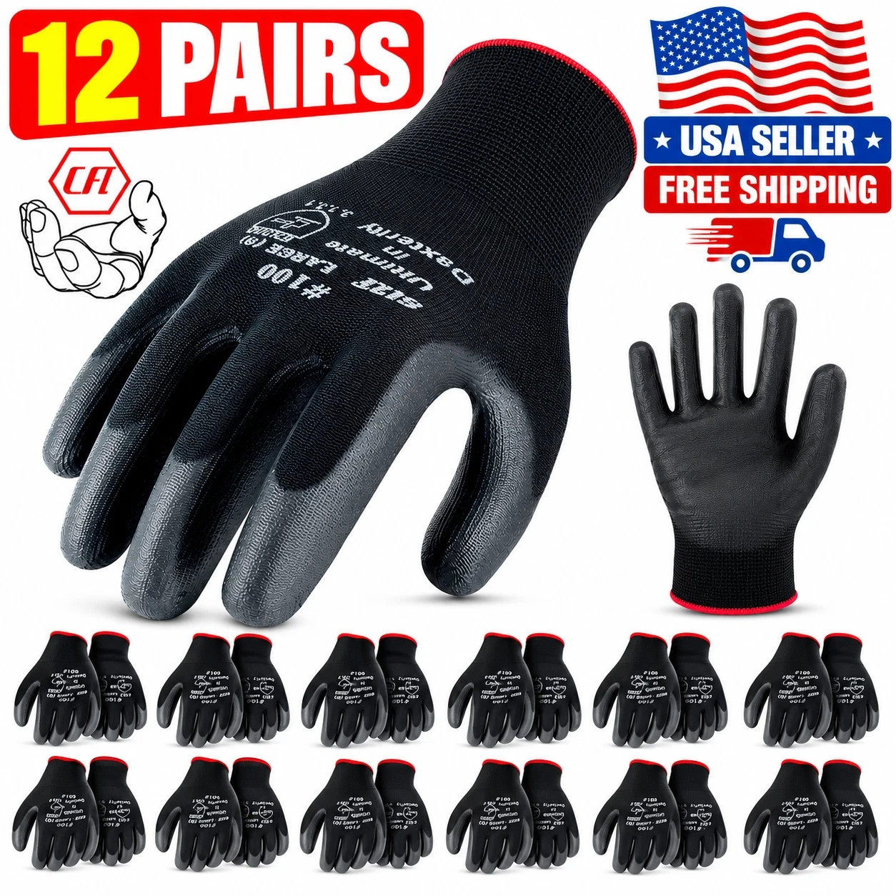 12-Pairs Work Gloves PU Coated Anti Slip Breathable Safety General Purpose Large