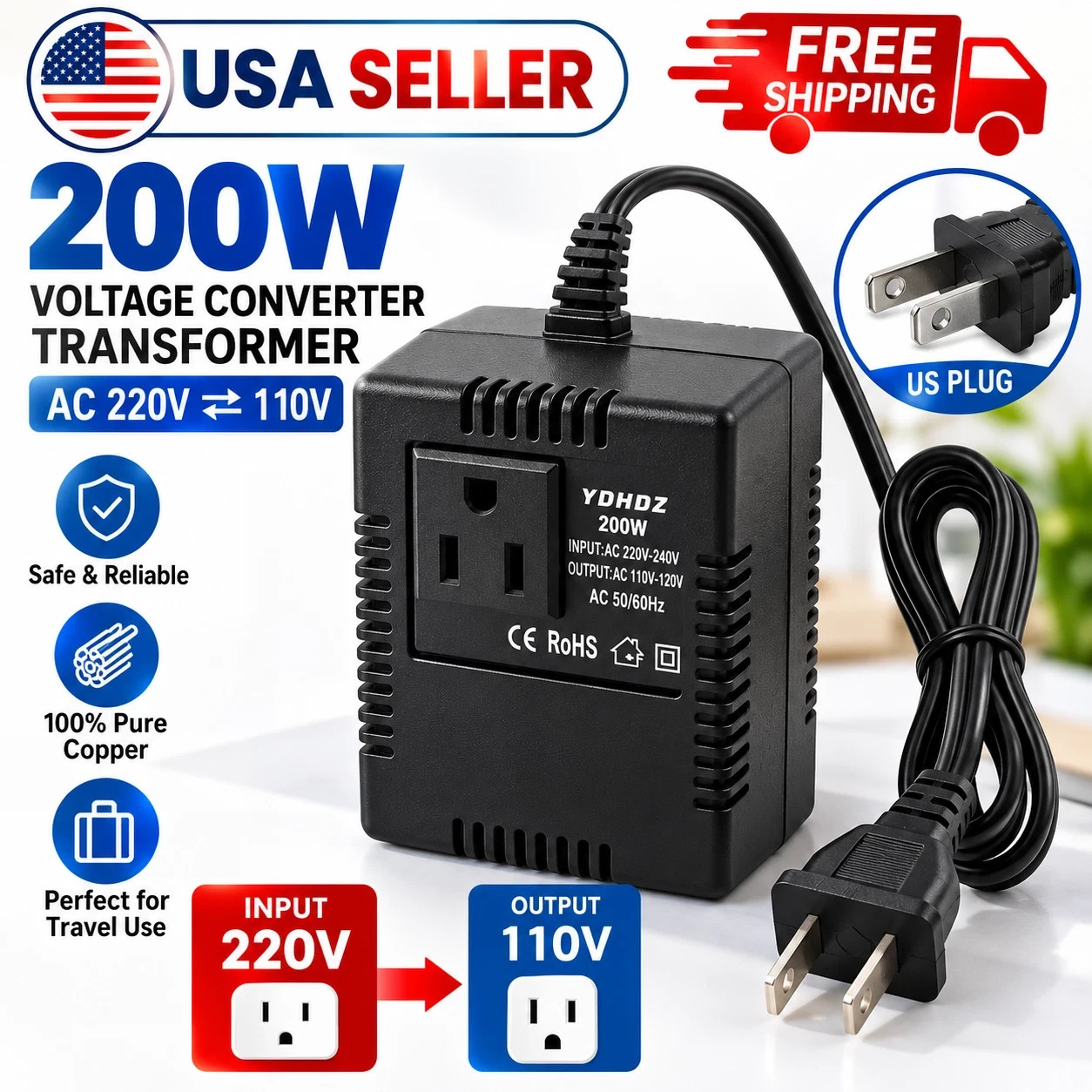 200W Voltage Converter Transformer 220V to 110V Step Down Travel Adapter Plug
